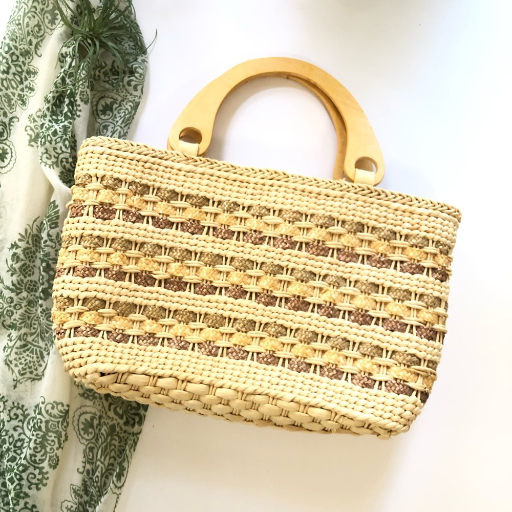 Worthington Straw Taffeta Purse Wood Handles